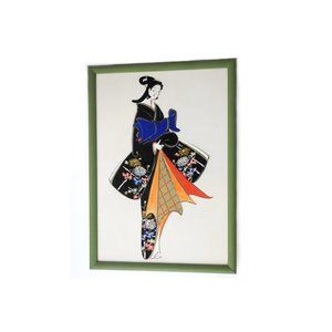 Original Japanese Girl Geisha Gouache Painting Unsigned Framed